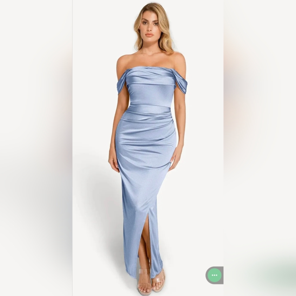 Popilush Off Shoulder Shine Rouched Light Blue Satin Sculpting Maxi Gown, Large